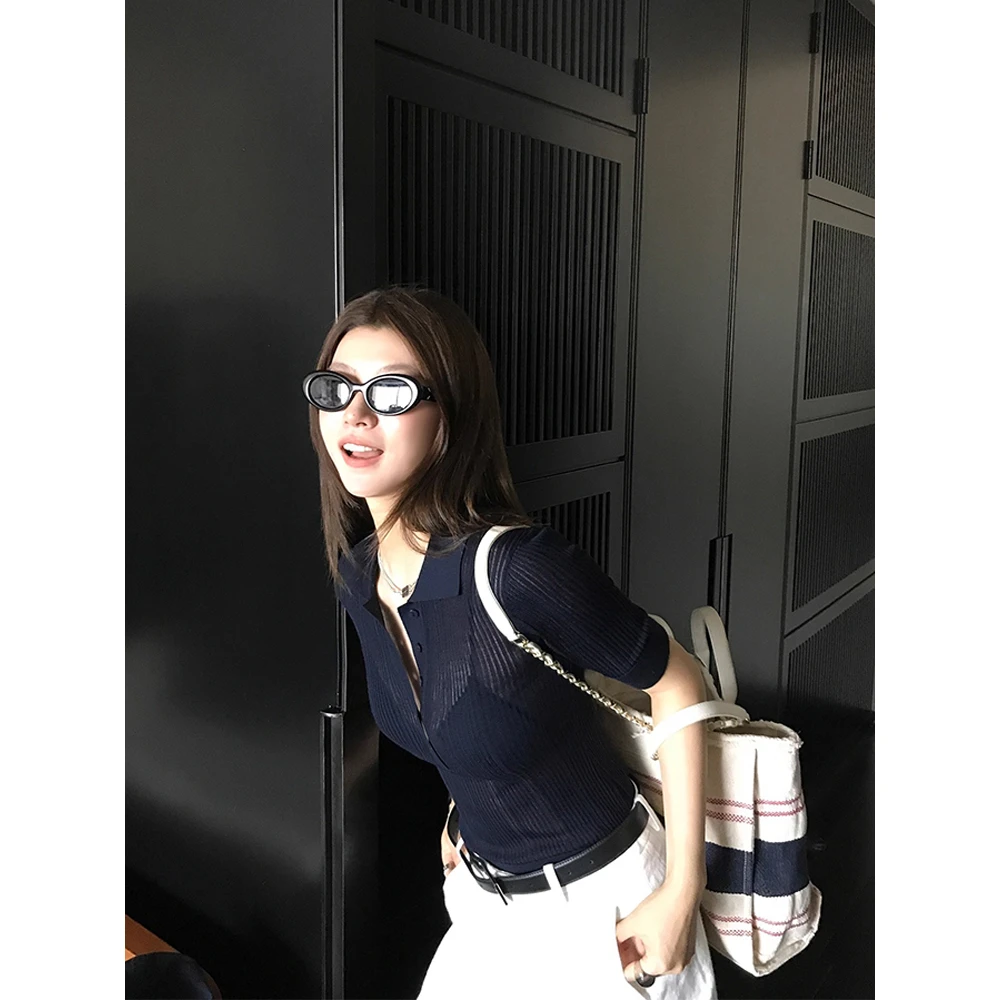 韩系翻领微透镂空短袖polo衫女夏季新款小个子修身显瘦针织上衣