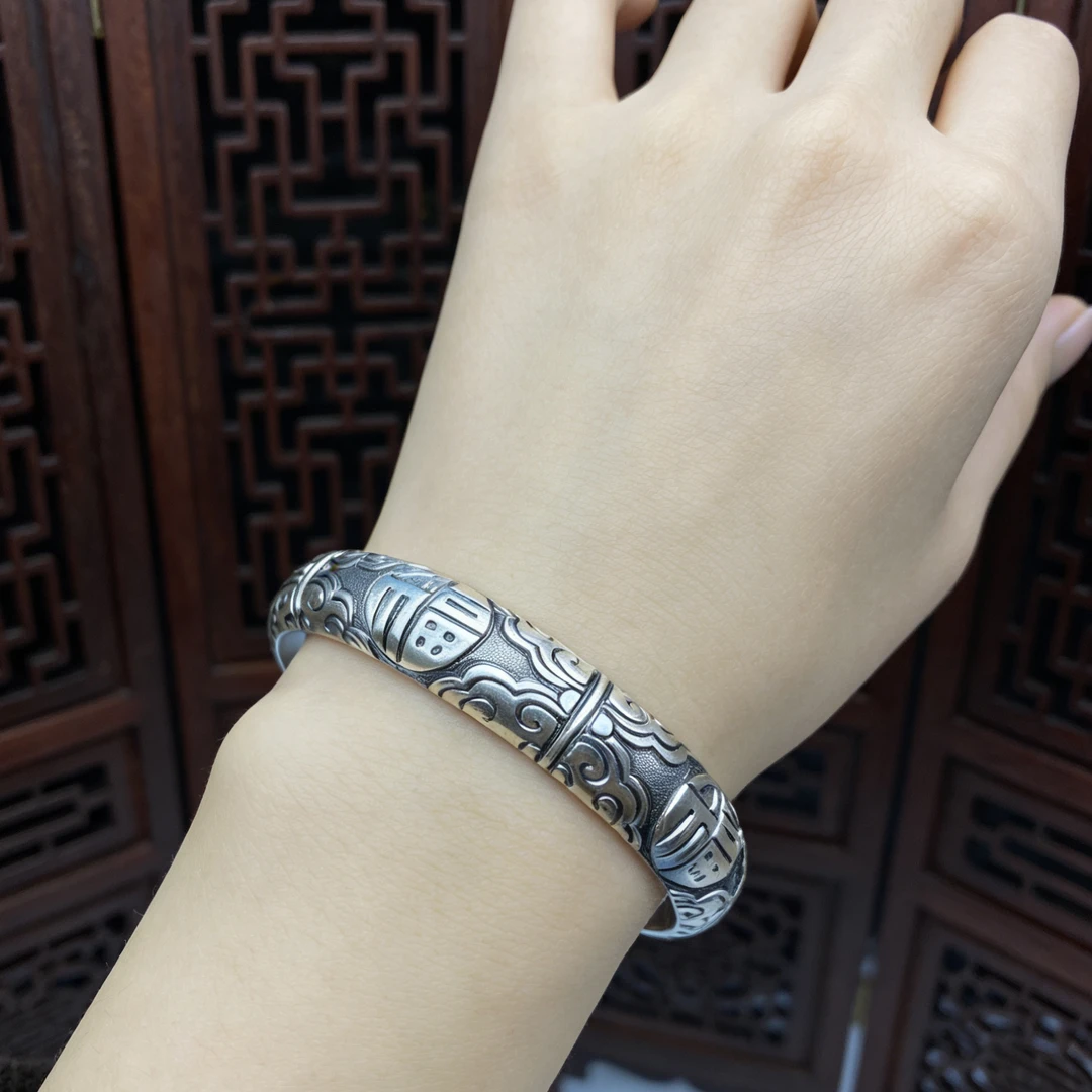 足银手镯 足银999福运连连国风浮雕复古手镯