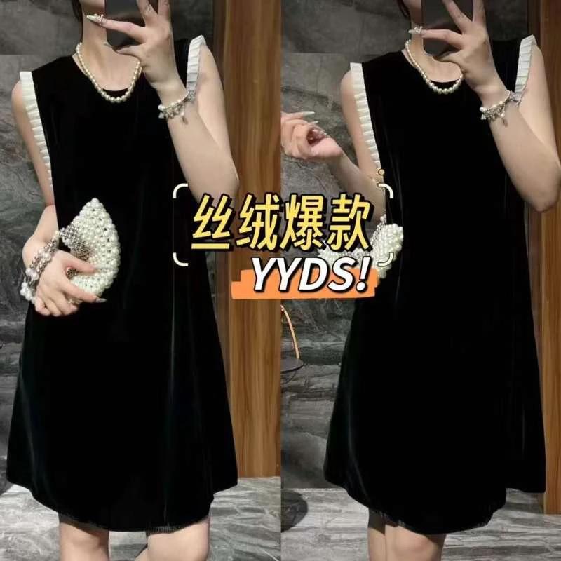 2025夏季新款设计感撞色木耳边无袖丝绒连衣裙女气质显瘦女