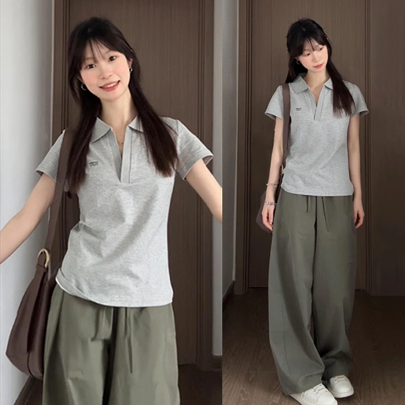 韩系灰色polo领正肩短袖t恤女夏季2025新款美式复古宽松休闲上衣