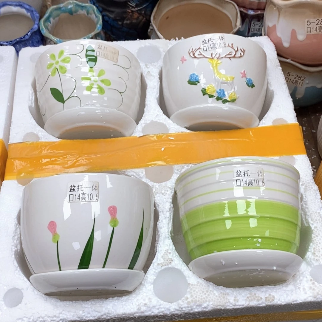 @夏西陶瓷花盆@@四个手绘