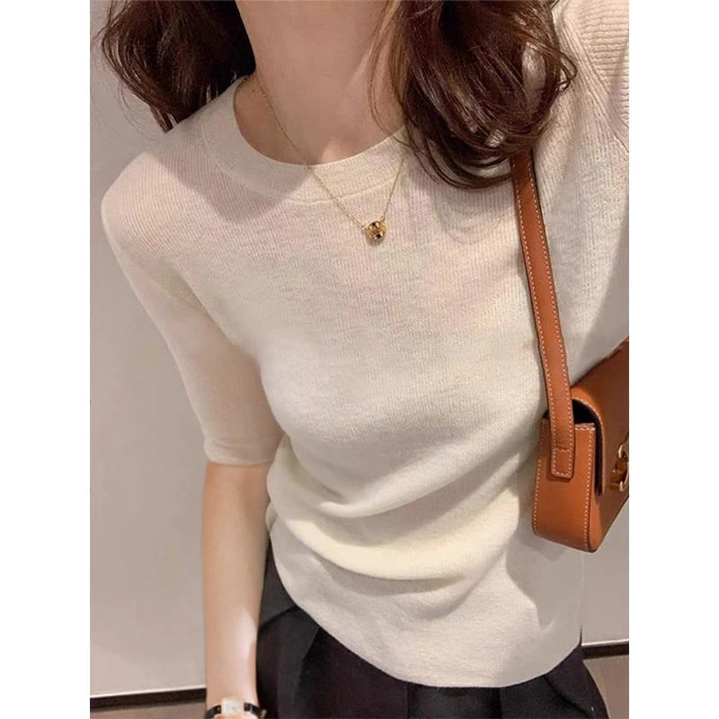 奶白色半袖圆领针织衫女2025春夏新款修身显瘦五分袖内搭打底上衣