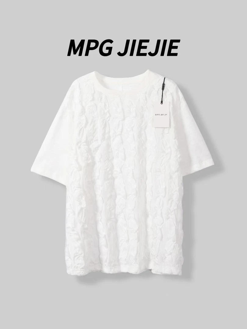 MPG JIEJIE【白云朵】大码早秋白色压褶设计感T恤