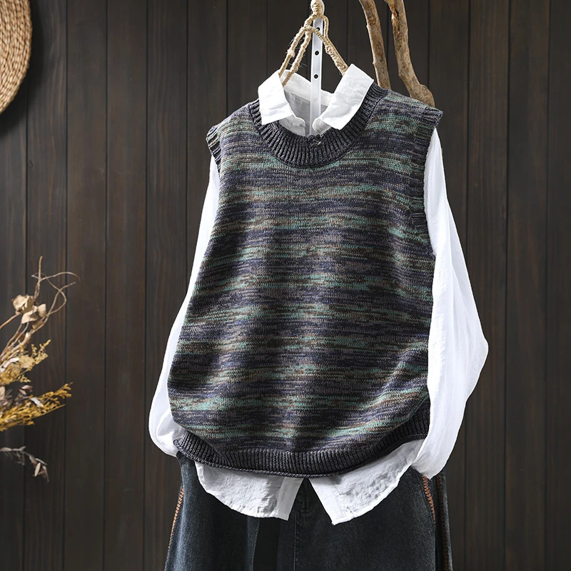 彩线混织棉线针织马甲背心女套头2025秋季新复古休闲无袖叠穿坎肩