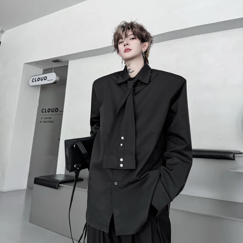 2025秋季禁欲系垫肩衬衫男长袖小众可拆卸领带设计感痞帅廓形衬衣