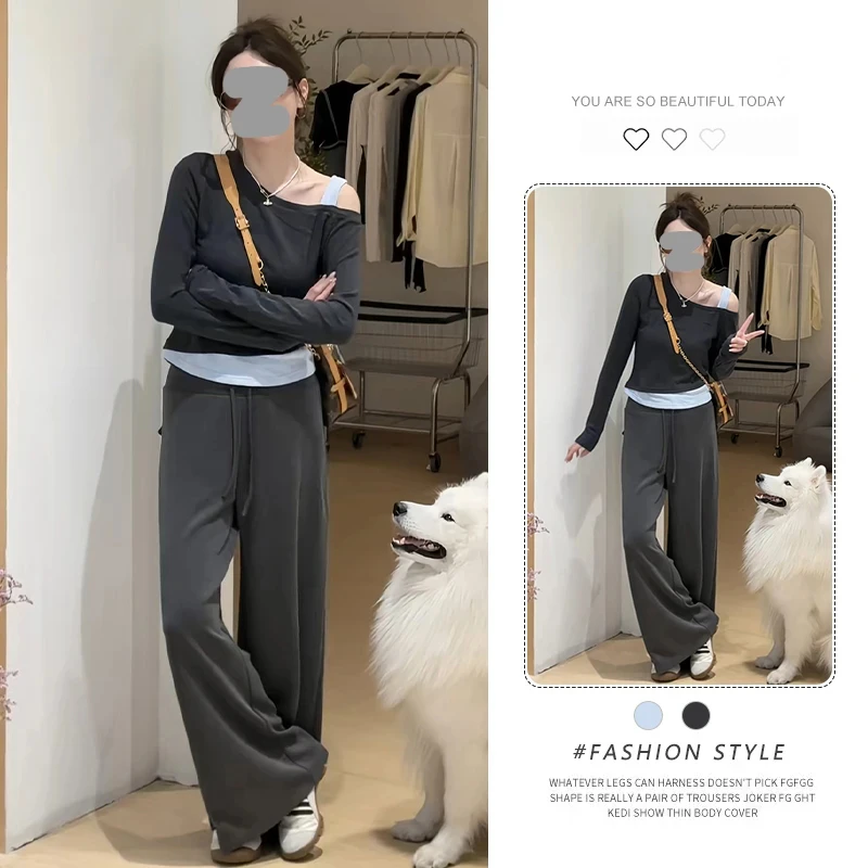 韩系时髦洋气显瘦运动套装女秋季款露肩长袖上衣阔腿裤休闲两件套