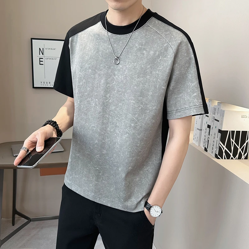 拼色短袖T恤男士2025新款夏季潮牌宽松重磅扎染半袖百搭时尚上衣