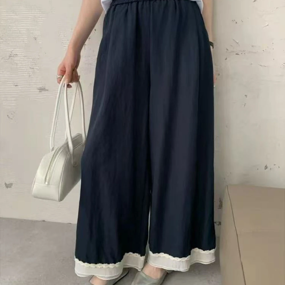 H-108#超美~韩系松紧腰蕾丝花边阔腿休闲裤