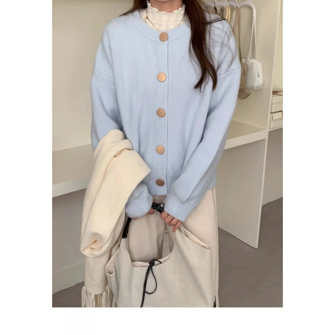 B42花杏单排扣高级感圆领毛衣外套女秋冬宽松针织开衫厚