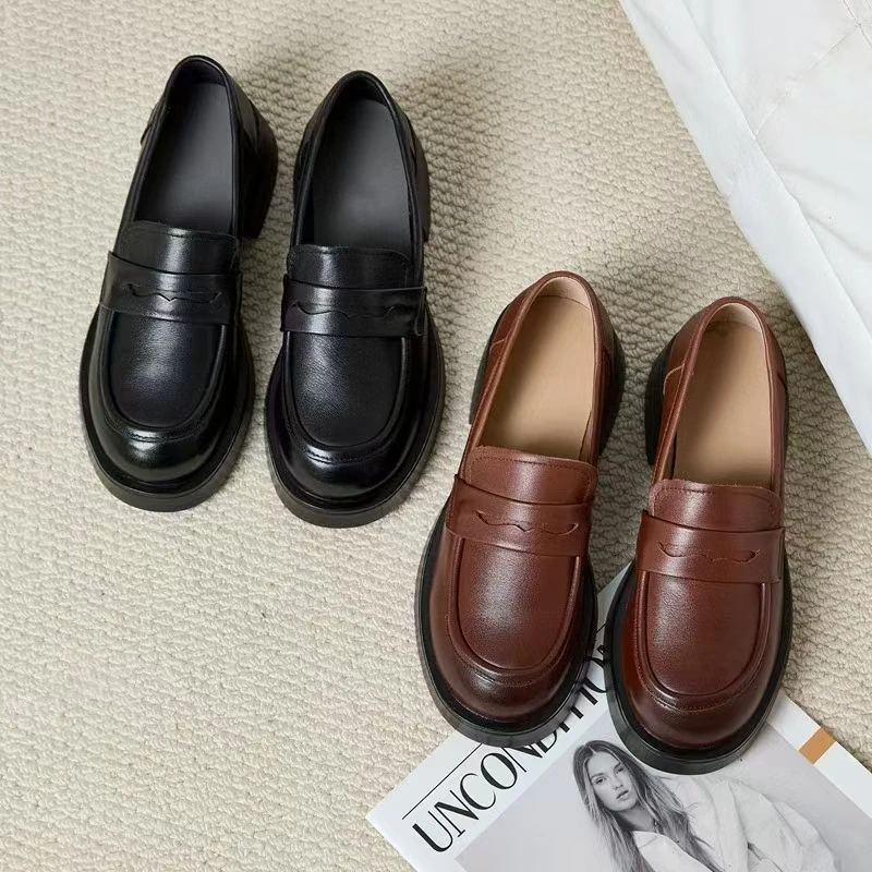 增高5cm新款厚底真皮乐福鞋女休闲时尚百搭舒适英伦风豆豆鞋单鞋