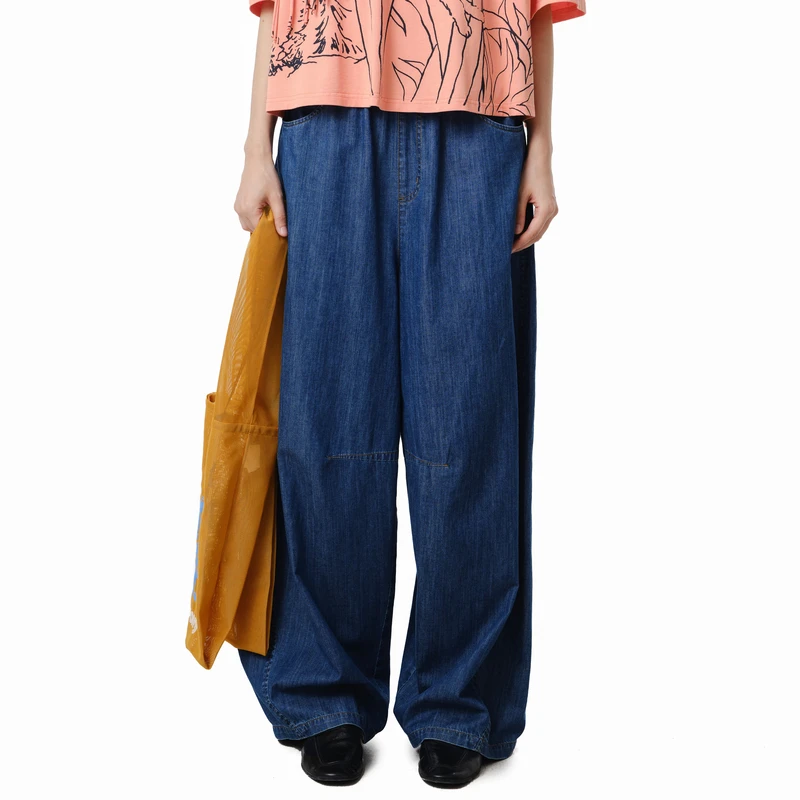 MOVEUP幻走2025夏季新款.FUN 松紧腰绣花章仔牛仔直筒裤325240309