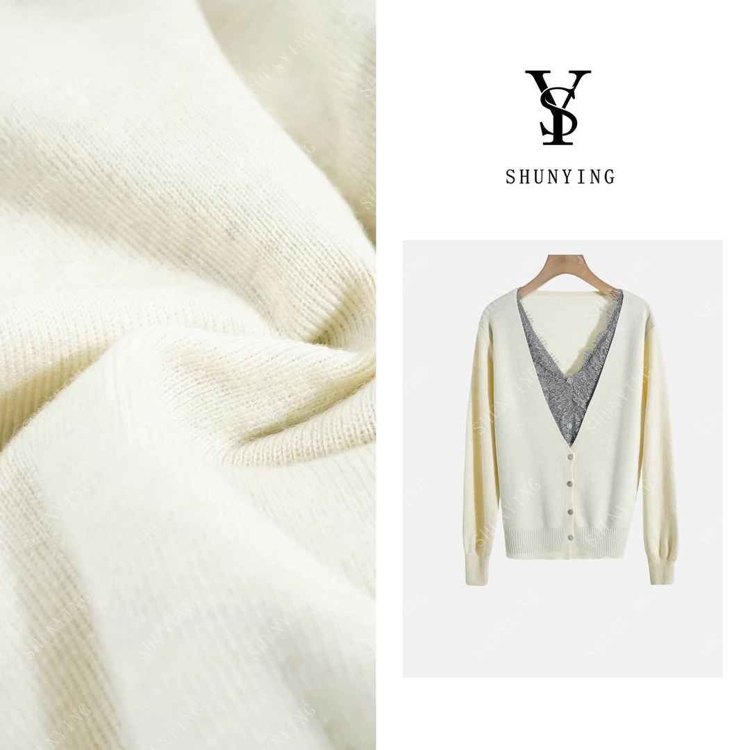 【仟娜】慵懒松弛感~设计感撞色V领假两件毛针织衫SY71ZZ78103