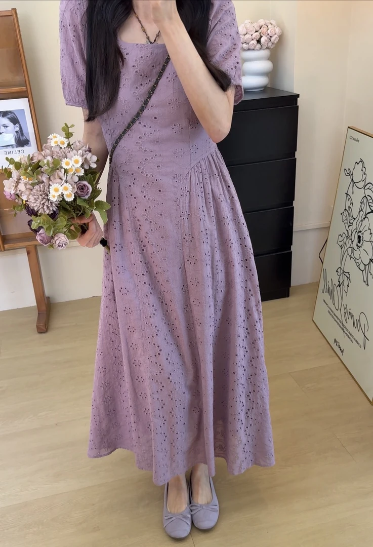 法式镂空冷雾紫连衣裙女2025新款高级感气质V领