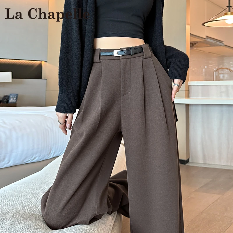 拉夏贝尔美拉德咖色毛呢阔腿裤女秋冬2025新款高腰直筒休闲西装裤