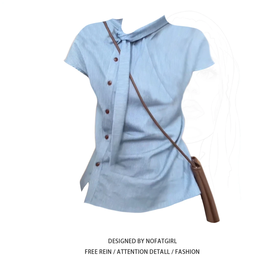 大码胖妹妹高级感条纹小飞袖飘带斜门襟衬衫女夏季不规则显瘦上衣