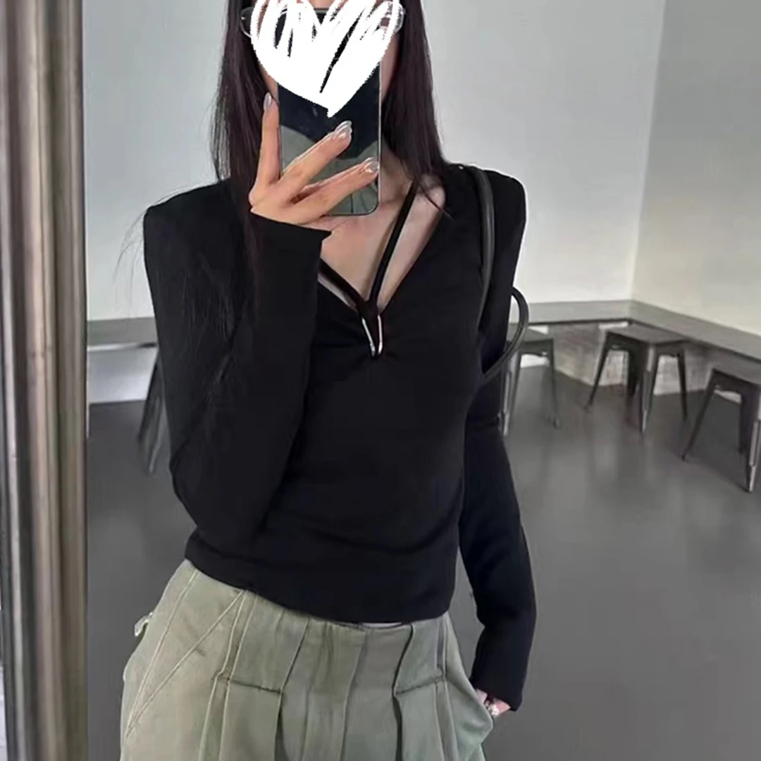 秋冬季法式时尚设计感长袖挂脖褶皱显瘦打底衫T恤内搭上衣女