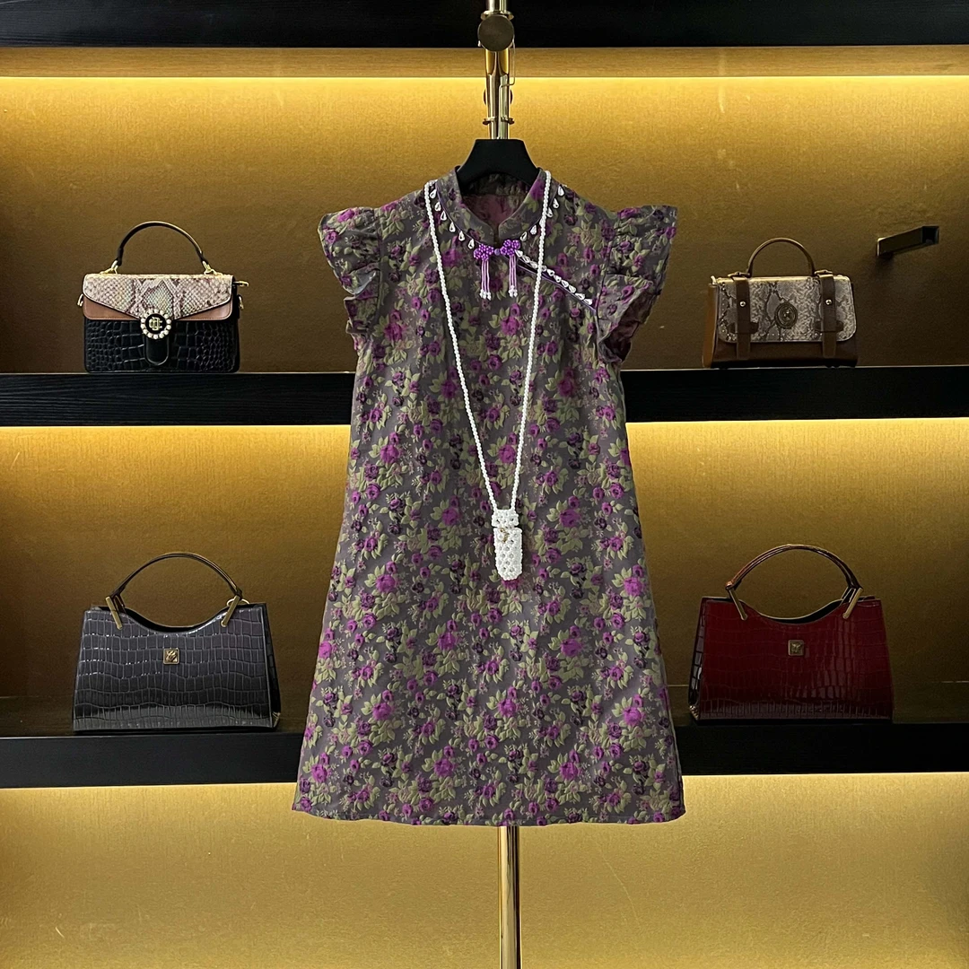 青仓【夏夏专属】新中式国风紫花色连衣裙  06112