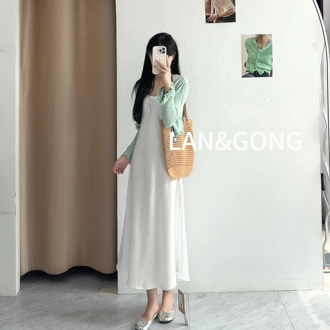 LANGONG夏季薄款蕾丝边正肩显瘦针织开衫