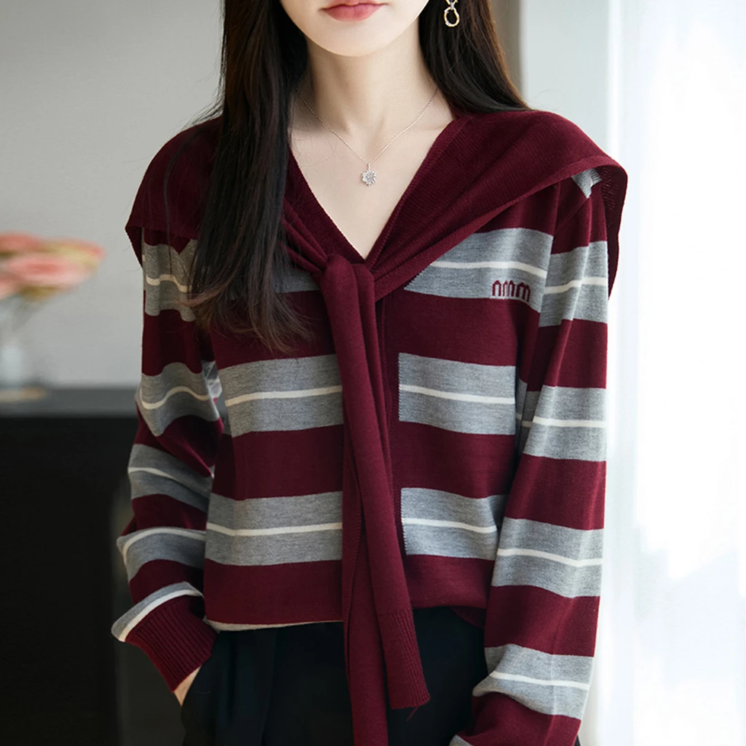 胖mm春秋大码女士v领毛衣遮肚子显瘦飘带上衣早秋内搭针织打底衫