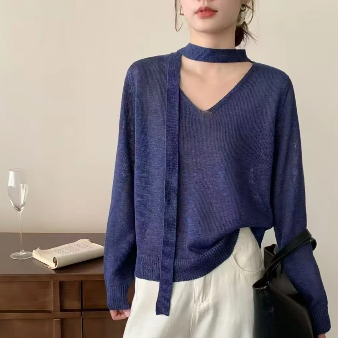 2025秋装上新韩版设计感小众时尚洋气V领飘带长袖宽松显瘦针织衫