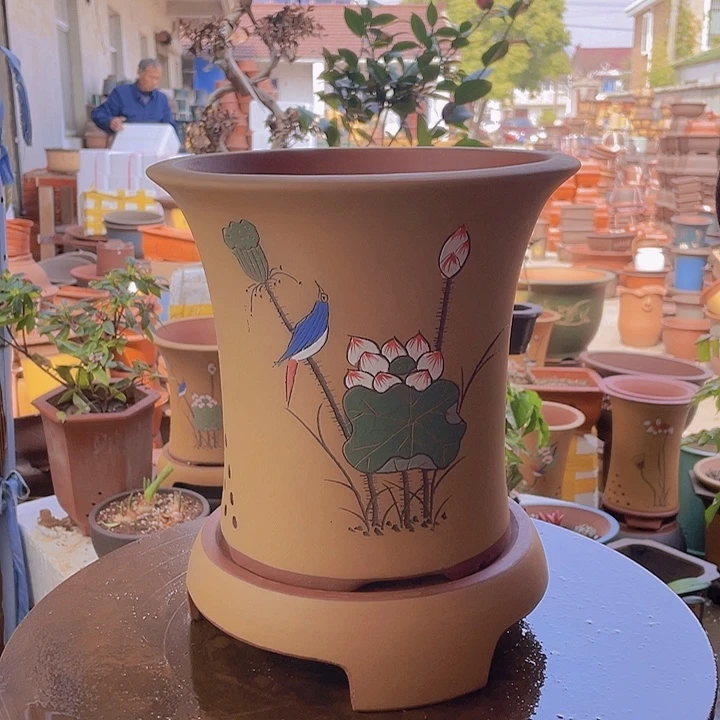 紫砂宜兴紫砂黄荷花兰花盆大加拖