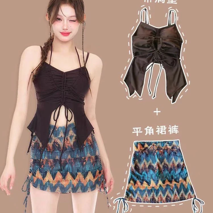 性感比基尼分体三件套bikini游泳衣女海边度假网红保守遮肚大码