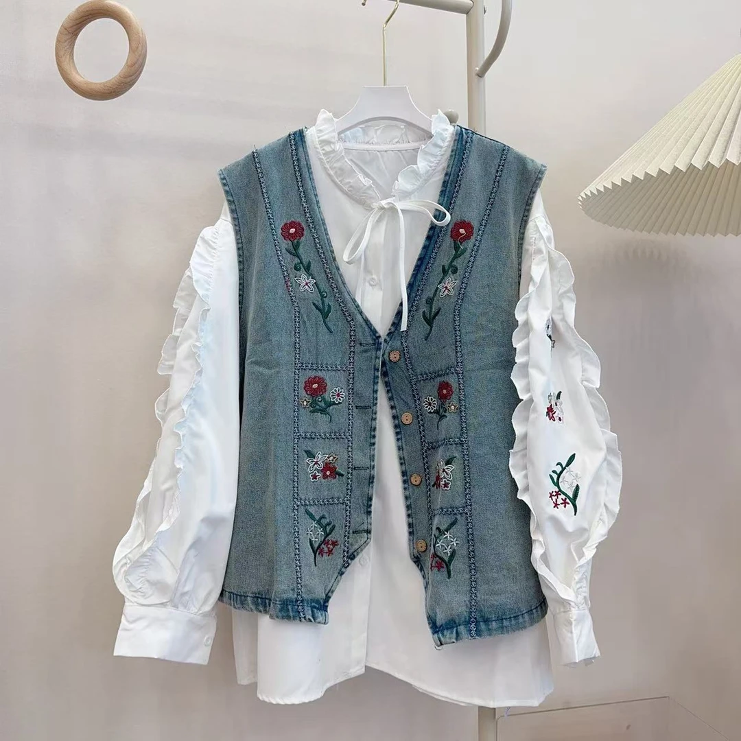 胖胖家*1326新款重工刺绣马甲牛仔百搭显瘦菲边刺绣衬衫