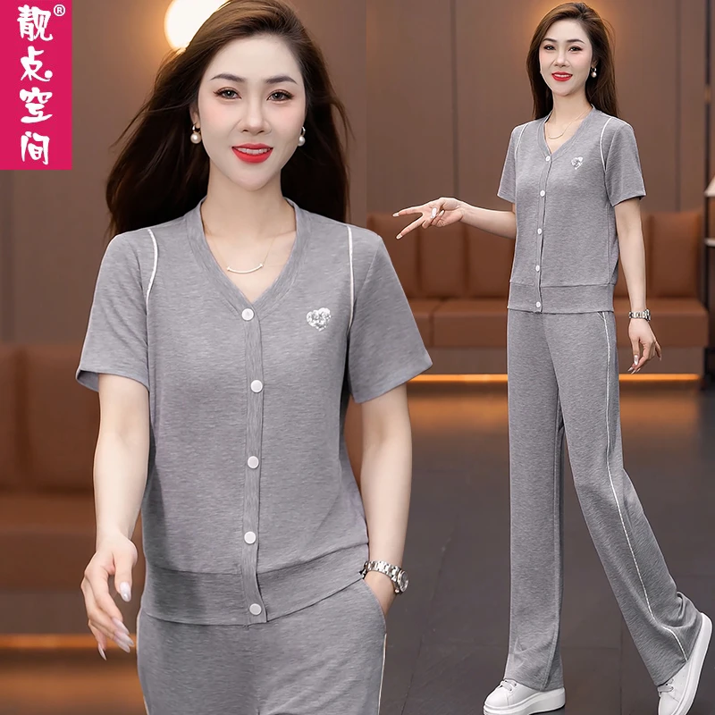 休闲运动服套装女2025新款夏季时尚显瘦V领短袖长裤薄款两件套