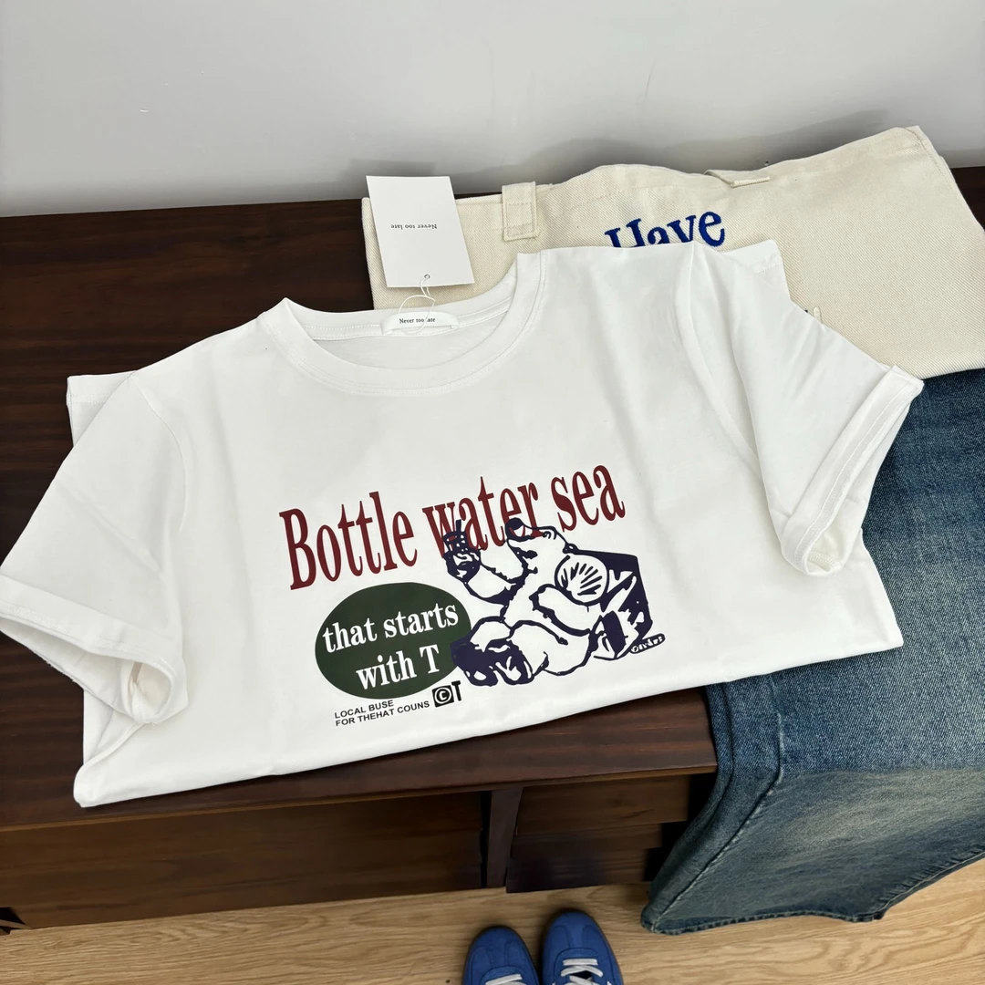 正肩款 纯棉圆领短袖t恤女2025年趣味字母北极熊夏款韩版小众上衣