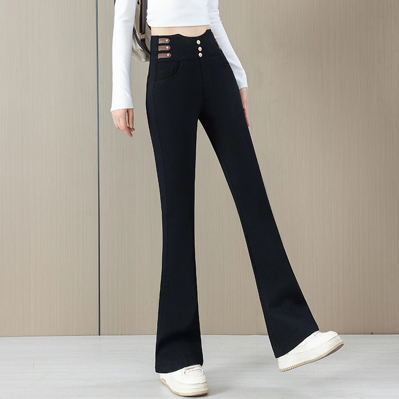 新爆款早秋高腰微喇叭裤子女显瘦百搭弹力小个子黑色马蹄裤2025