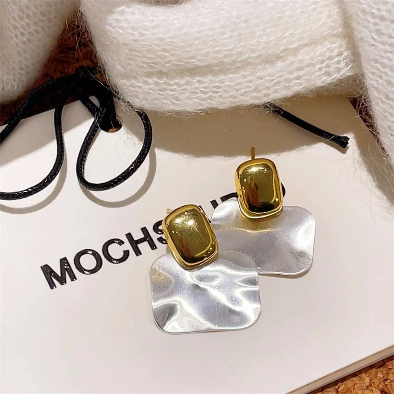 铜合金耳饰 【表白】风金银撞色拉丝方糖耳环简约时尚百搭电镀18K金