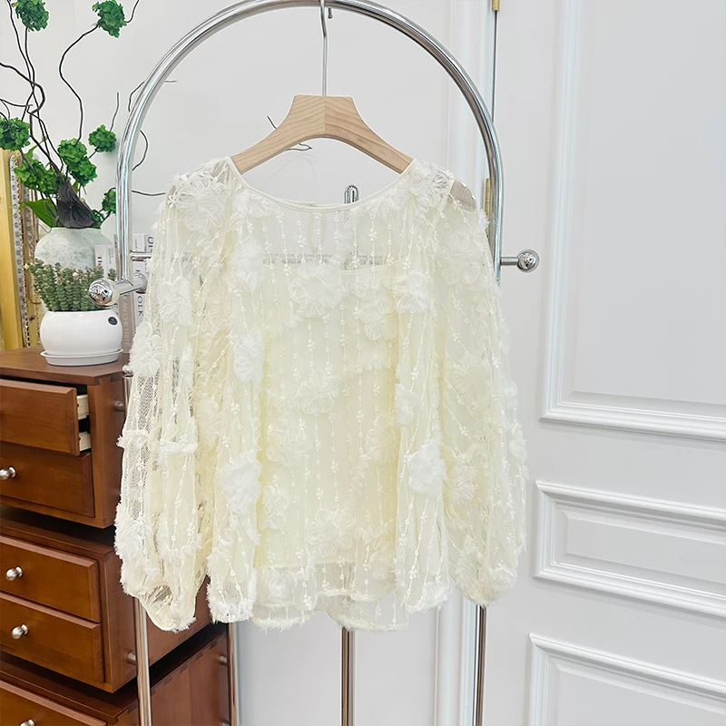 45SY3514长袖法式薄款防晒镂空衬衫气质宽松圆领女装时尚洋气夏季