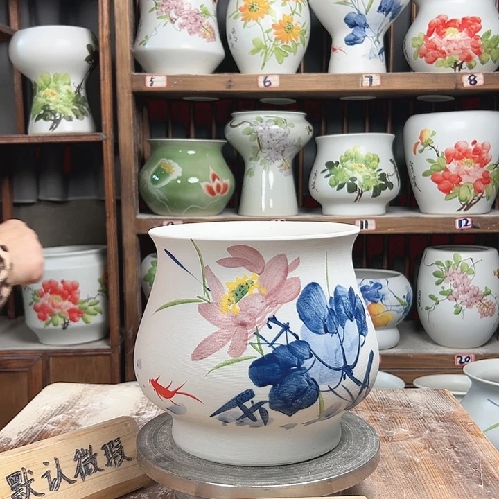 摆件高20口20青花荷花新款陶瓷