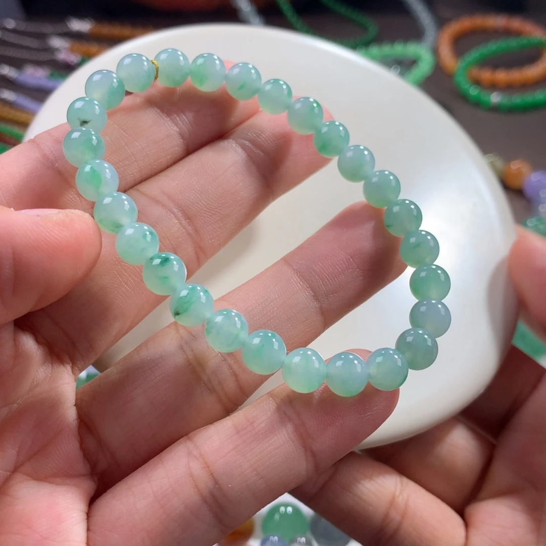 翡翠未镶嵌手链大漏冰胶薄荷绿飘金丝绿手串 卡6.5