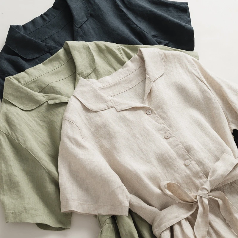 2025夏季新款连衣裙女装文艺复古纯色棉麻裙子气质短袖腰带中长裙