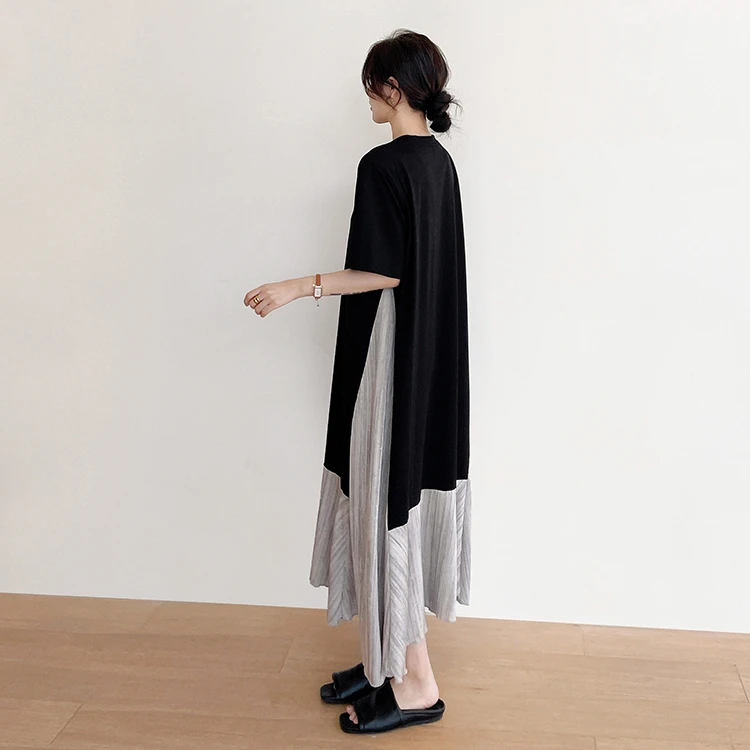 2025夏新款/长款大码拼醋酸缎显瘦法式高级感短袖连衣裙