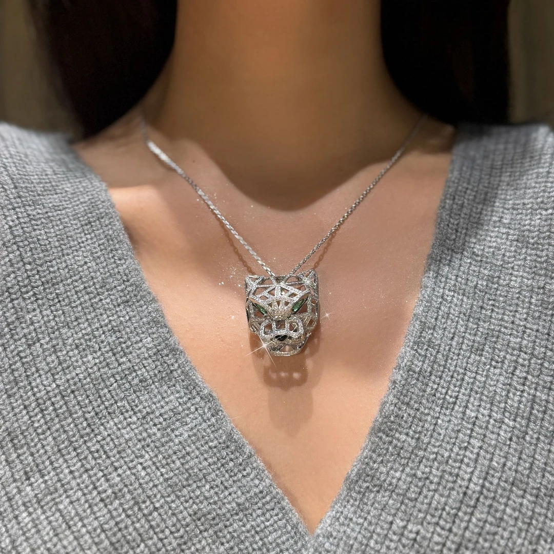 QANNA【绿眼睛豹子头】【满钻重金版】欧美风个性奢华猎豹钻石项链AY