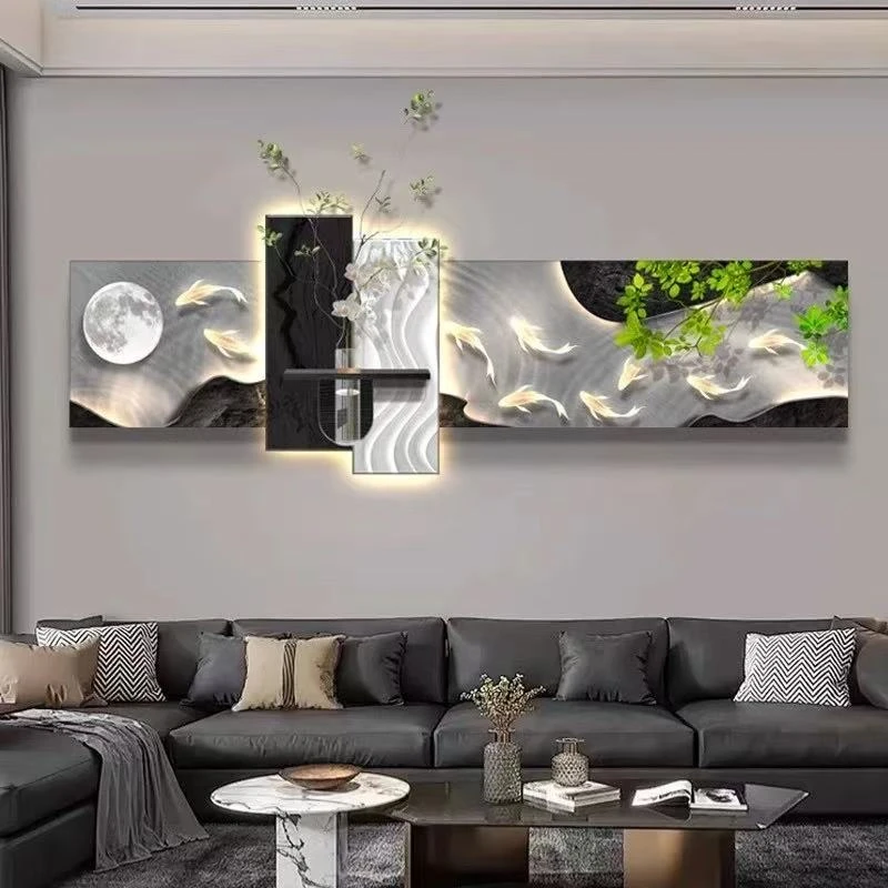 九鱼图装饰画高级感沙发现代轻奢沙发背景墙挂画装饰画