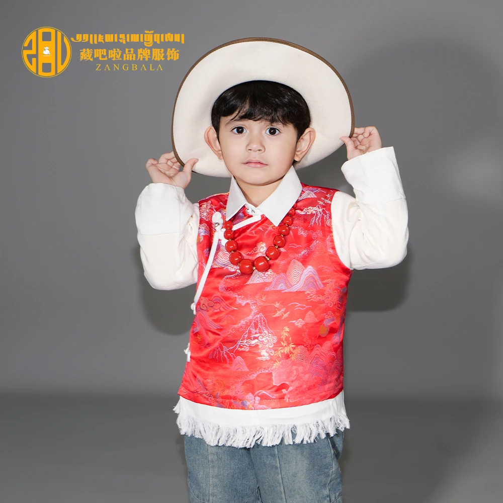 藏吧啦小孩高档貔貅江山图拼接外套民族风藏式服装儿童春季新款