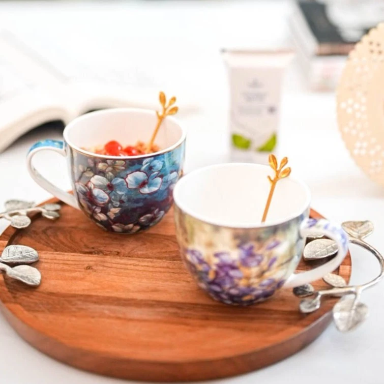 【奇居家饰】和和美美配紫气东来高骨瓷瓷早餐马克杯茶水杯#230221