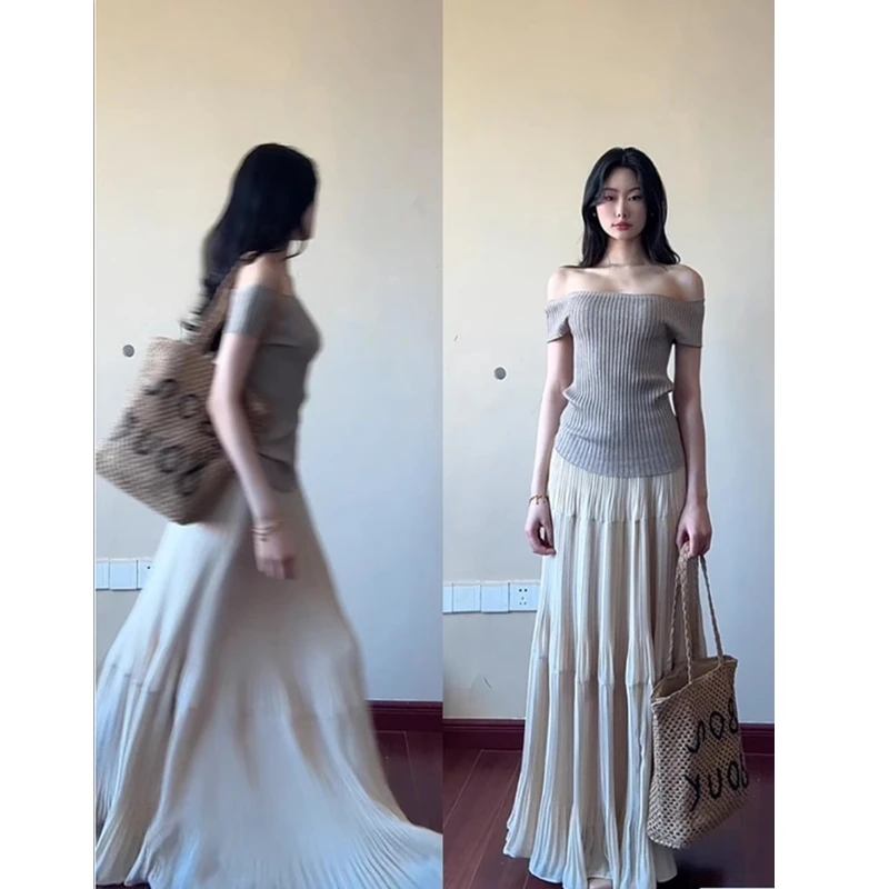 法式一字肩针织上衣短袖女t恤夏2025新款超好看夏日绝美半裙套装