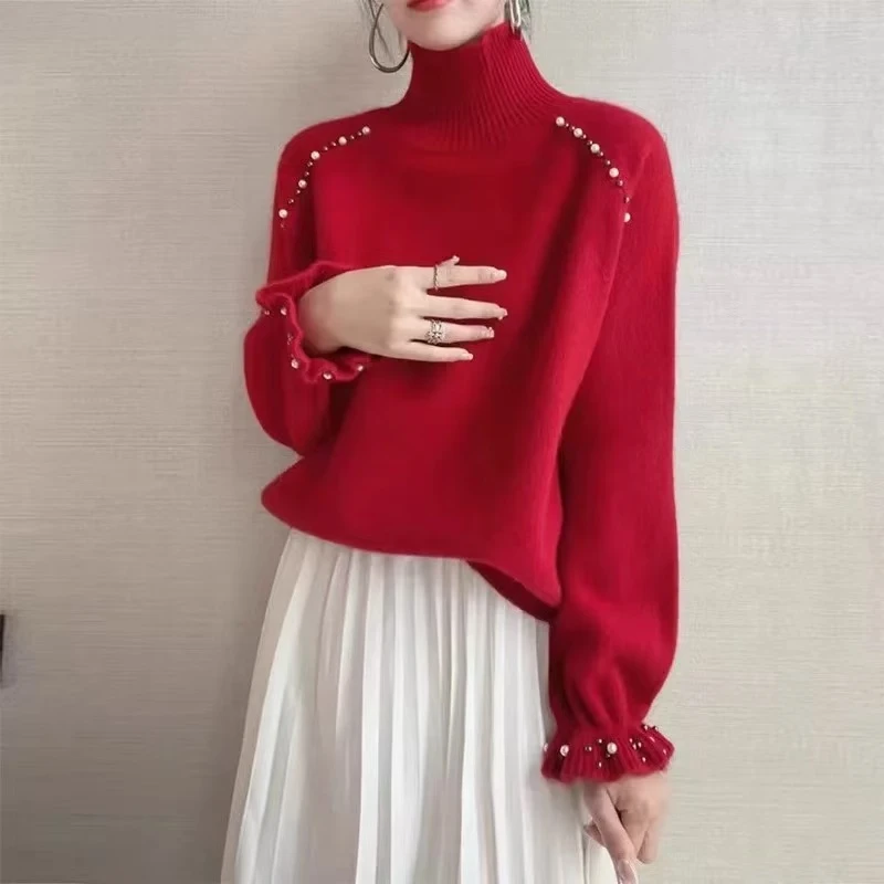 复古红色高领钉珠针织衫女秋冬新款宽松套头软糯打底衫