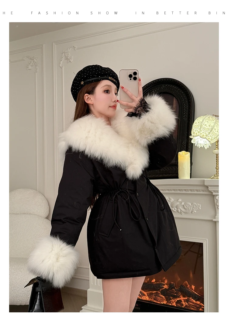 冰冰来了【凯蒂假日】少女车条狐狸毛领羽绒服白鸭绒外套26490