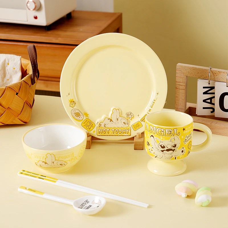 迪士尼黄油史迪仔组合套装高温烤花卡通餐具碗碟盘勺筷创意餐具