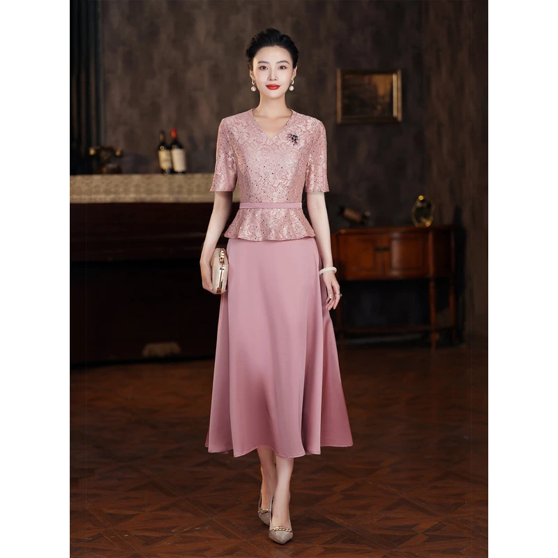 夏款高贵气质轻奢蕾丝喜婆婆婚礼旗袍大码修身妈妈假两件连衣裙