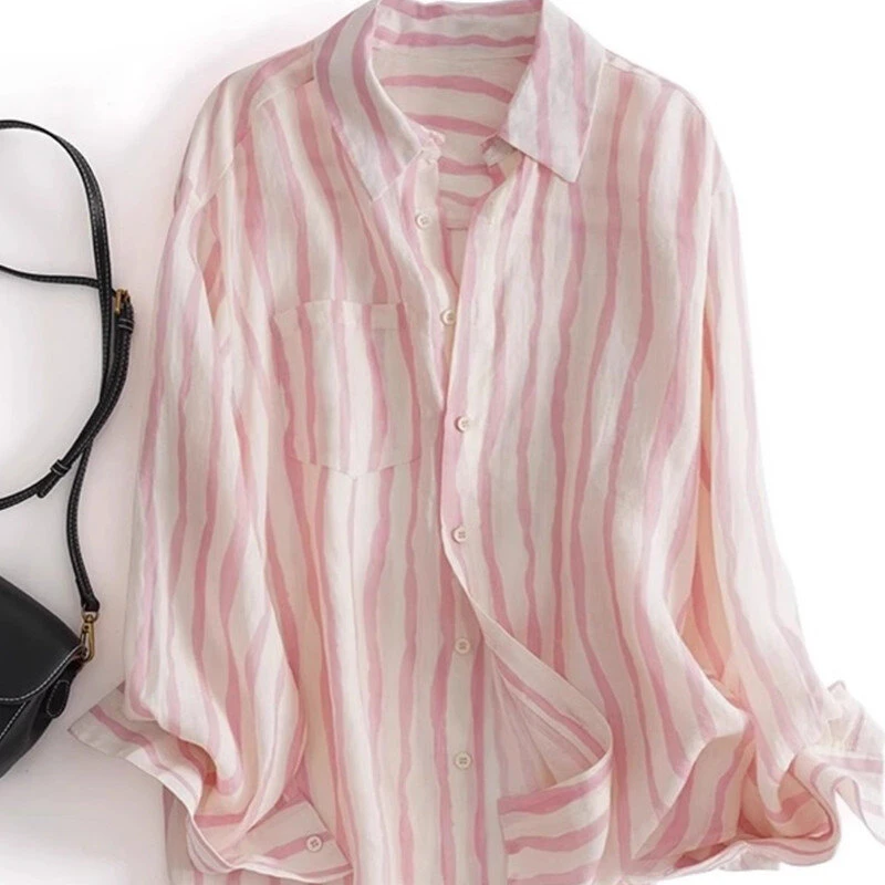 法国欧洲站苎麻长袖条纹衬衫女2025春夏新款宽松轻假两件短款衬衫