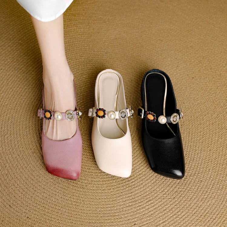 牛羊皮~2.5cm小众时尚真皮玛丽珍拖鞋女外穿法式优雅方头粗跟包头