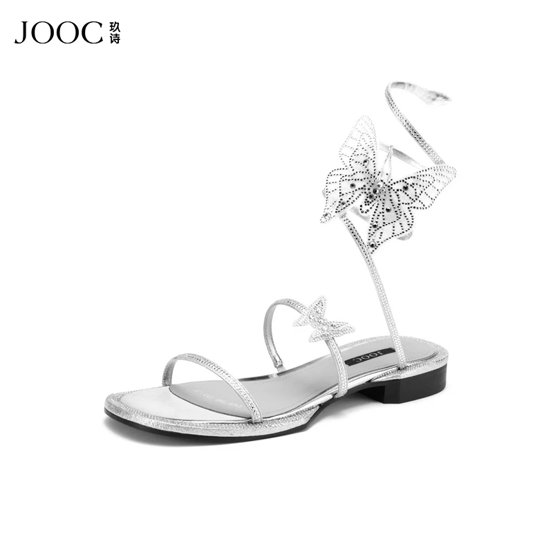 【热辣街拍】JOOC玖诗平底凉鞋女2025夏季新款仙女风水钻蝴蝶凉拖