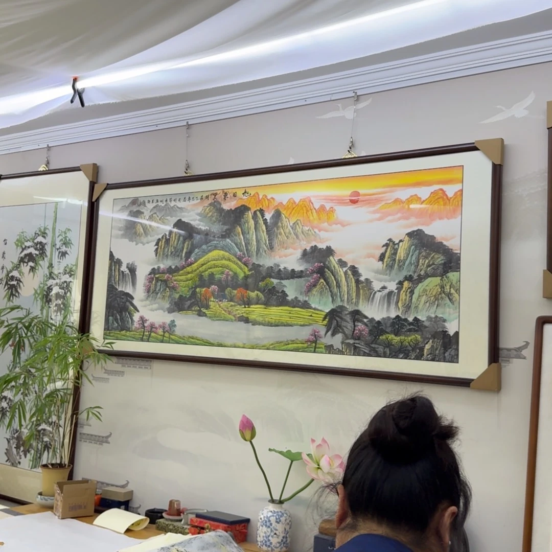 国画旭日东升六尺成品画框205×85