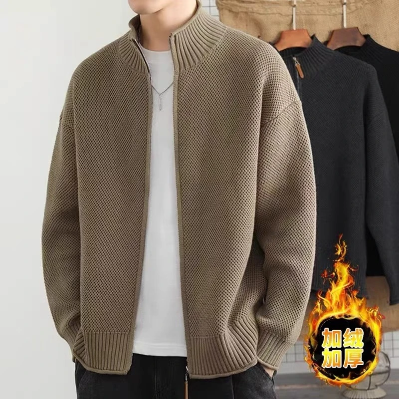 GS冬季新款加绒毛衣开衫外套潮牌休闲立领夹克宽松针织男士